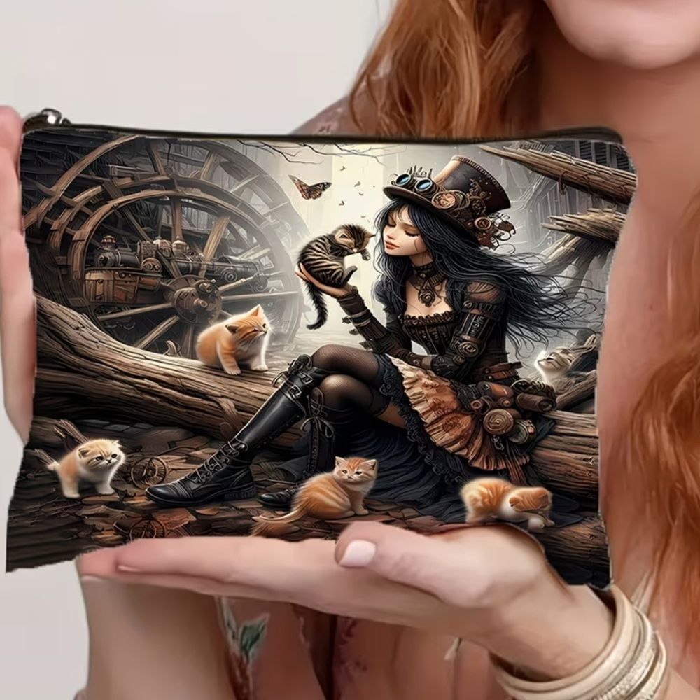 Steampunk Girl & Kittens Cosmetic Pouch — Black and Brown